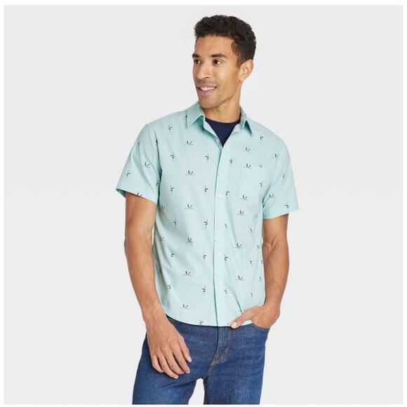 Goodfellow & Co Men's Short Sleeve Poplin Button-Down Shirt Turquoise Blue XXL - Picture 1 of 6